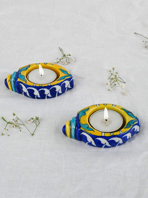Blue Pottery T-Light Holder Set Of 2 Pcs.